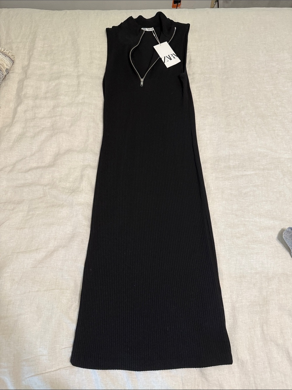Zara Black Ribbed Sleeveless Maxi Dress with Zip Neck
